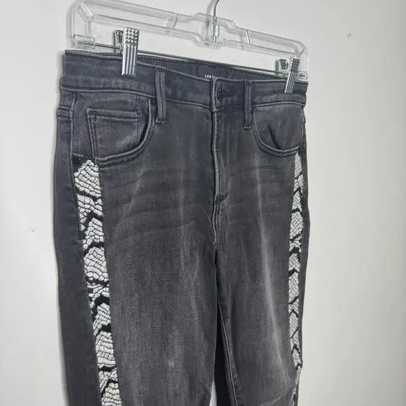 Driftwood Colette Jeans 26 Black Embroidered Side Stripe Boho Frayed Hem Denim‎ - Picture 12 of 15